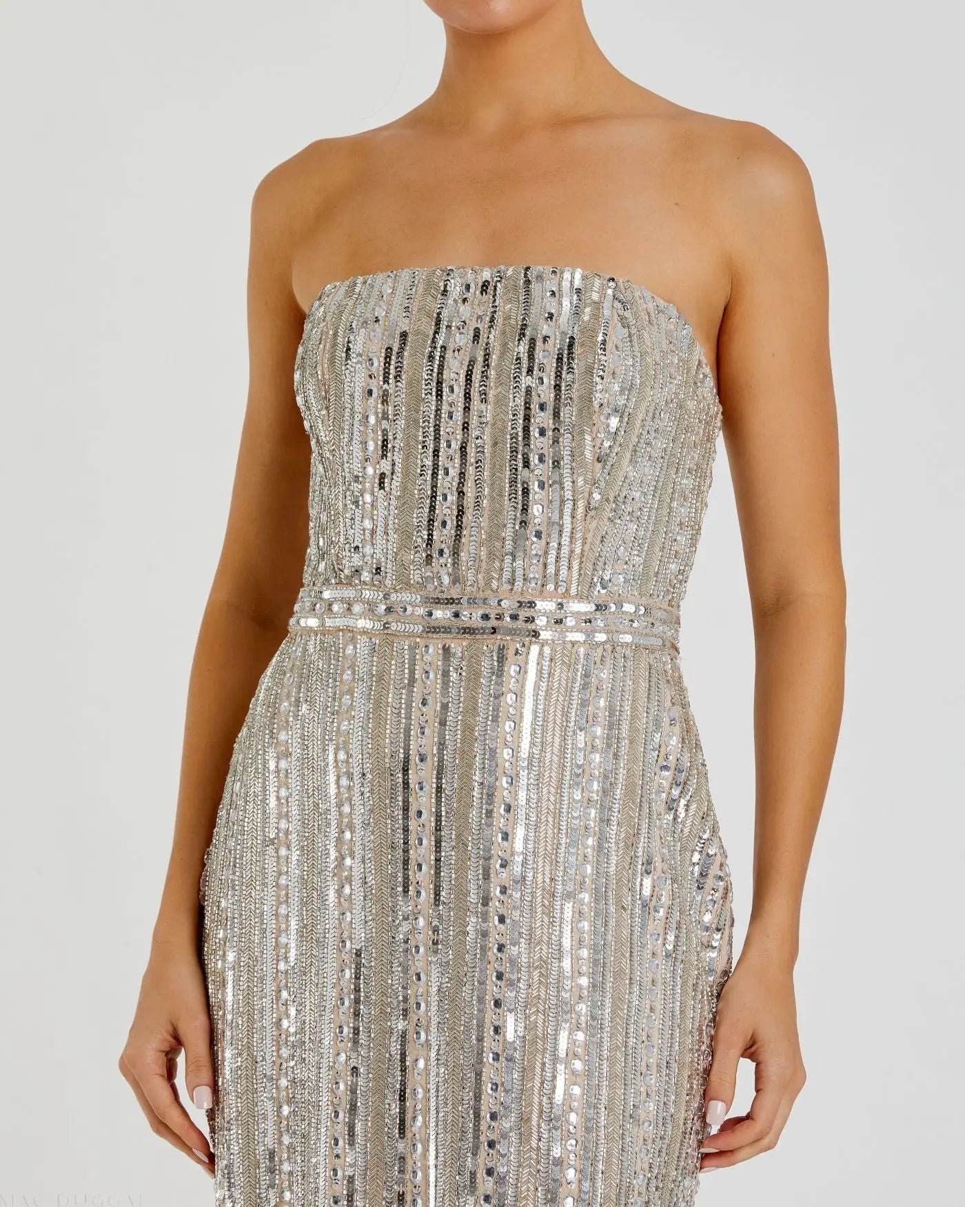 Silver and Beige Embellished Strapless Sheath Dress