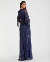 Navy Beaded Striping Kimono Sleeve V Neck Gown