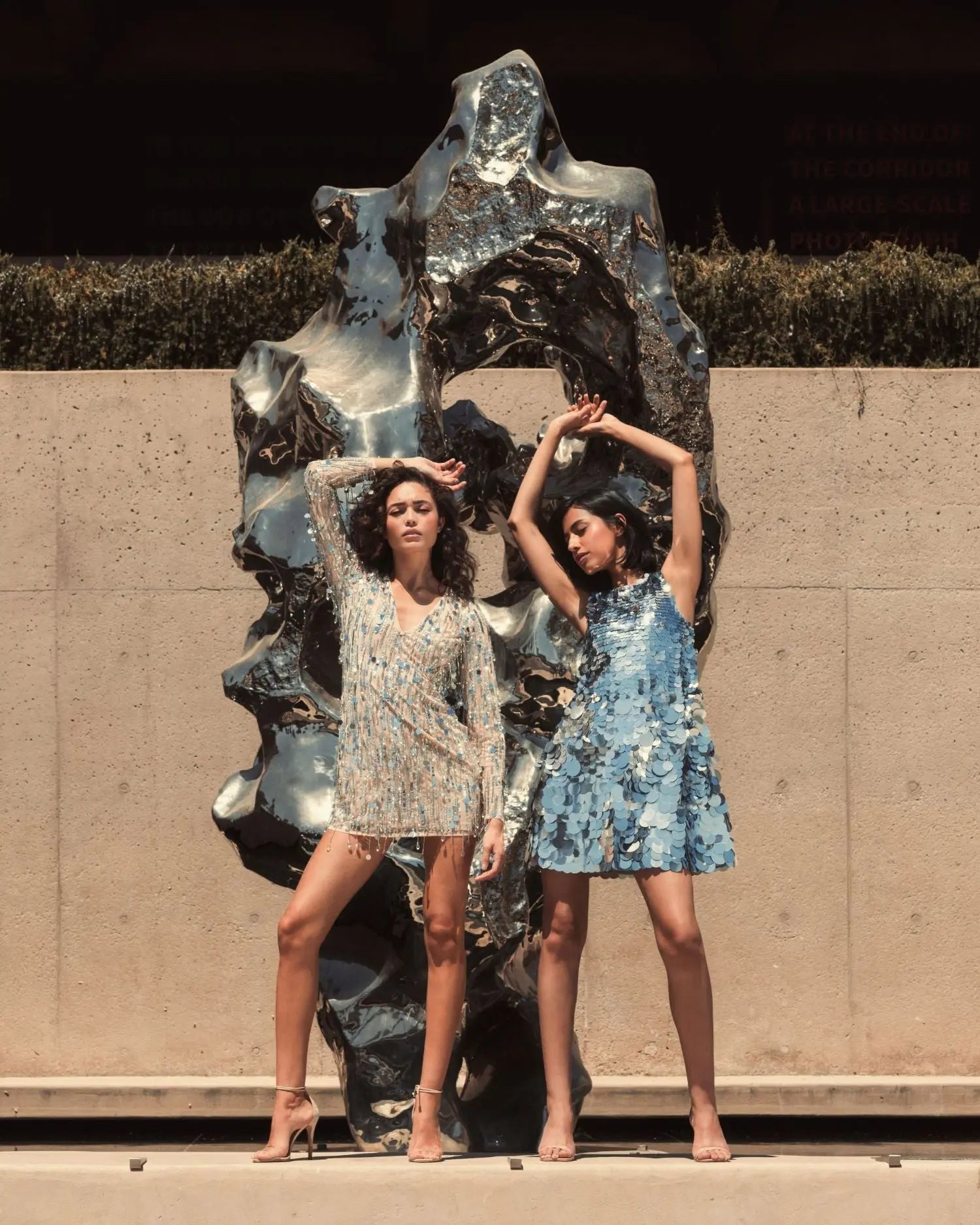 Silver Long Sleeve Beaded Fringe Plunge Neck Dress