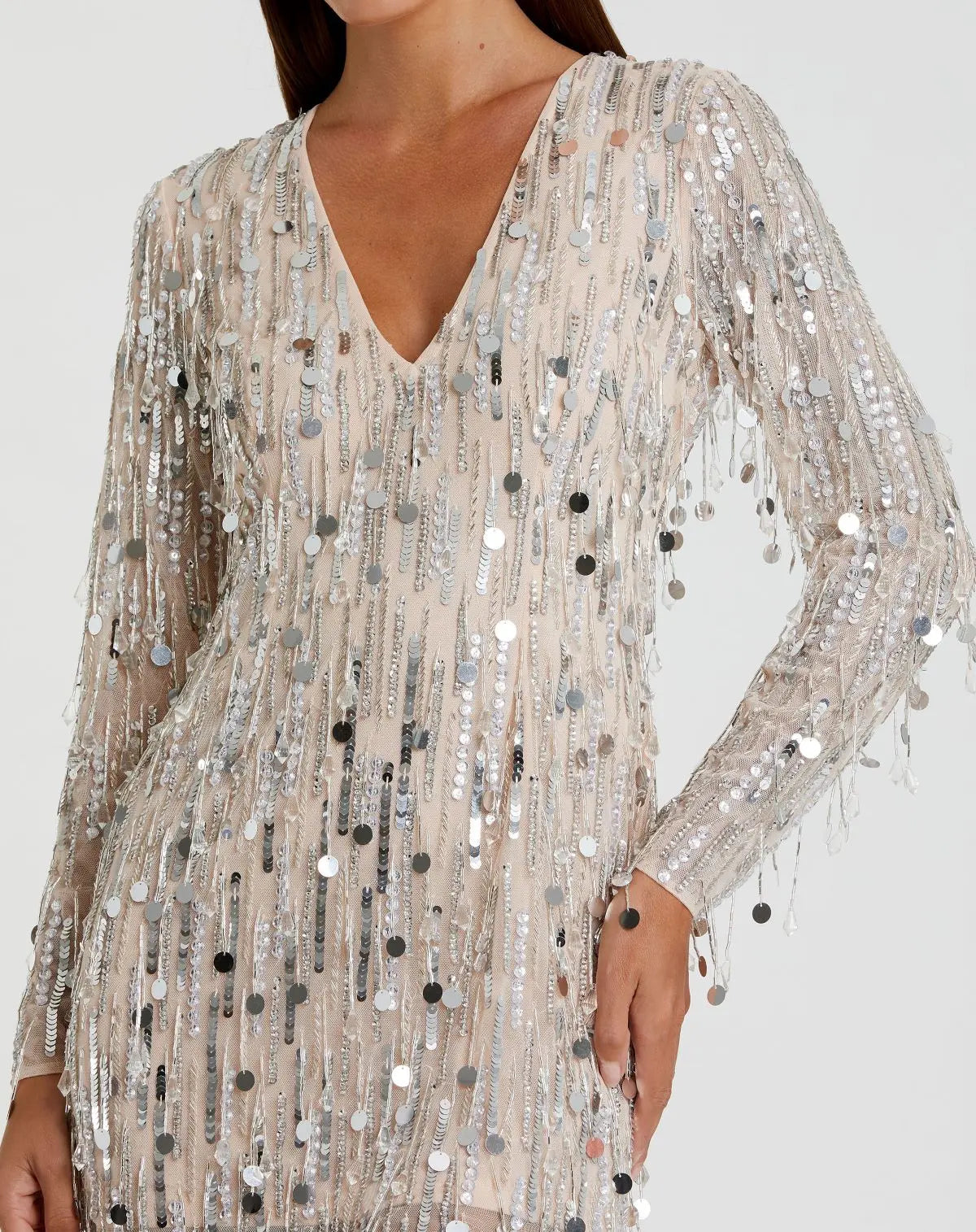 Silver Long Sleeve Beaded Fringe Plunge Neck Dress