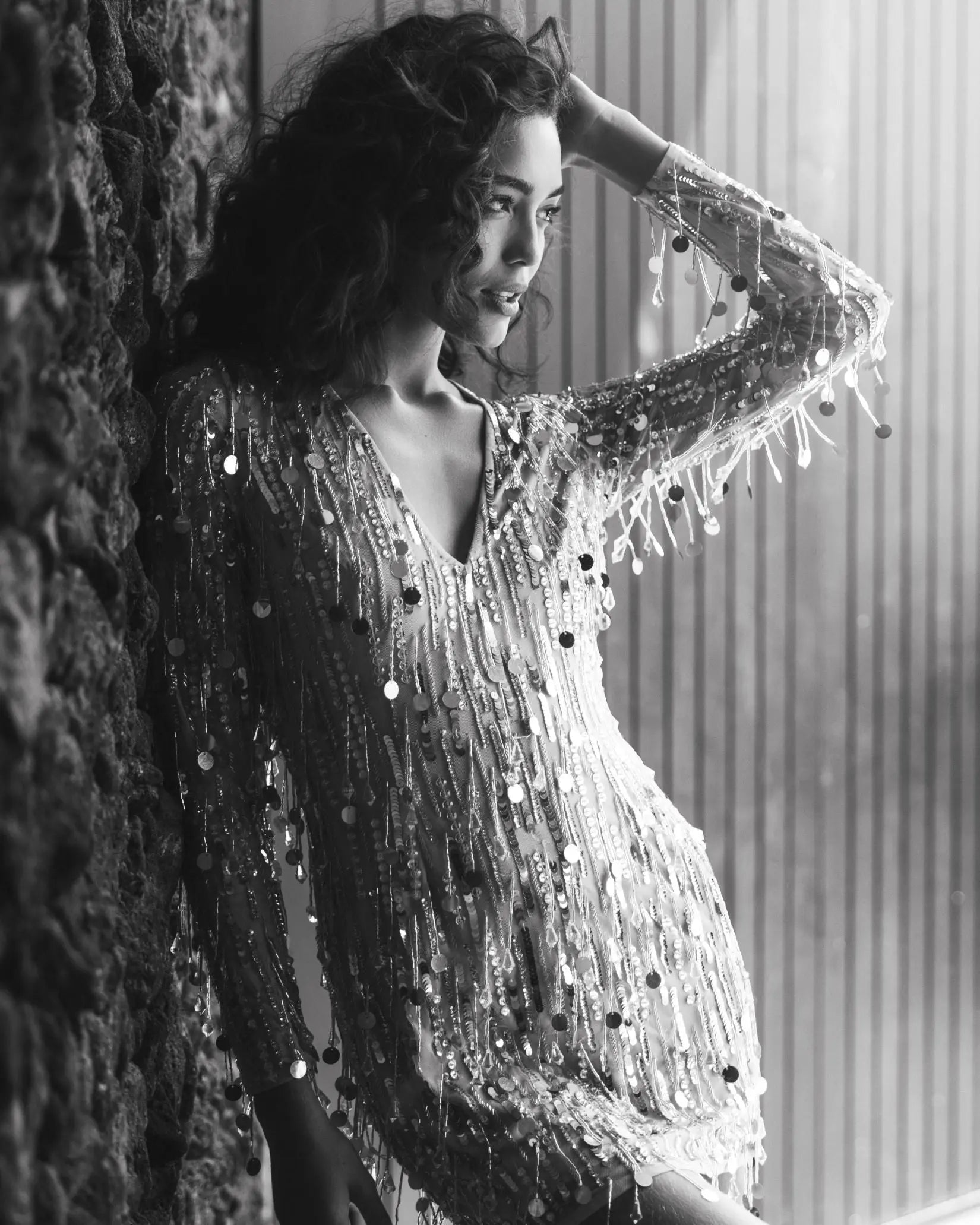 Silver Long Sleeve Beaded Fringe Plunge Neck Dress