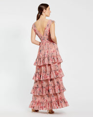Pink Drawstring Shoulder Chiffon Tiered Floral Dress