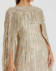 Gold Embellished Beaded Column Cape Gown
