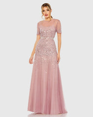 High Neck Short Sleeve Sequin Embellished Gown