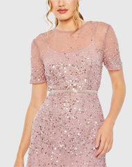 Pink High Neck Short Sleeve Sequin Embellished Gown