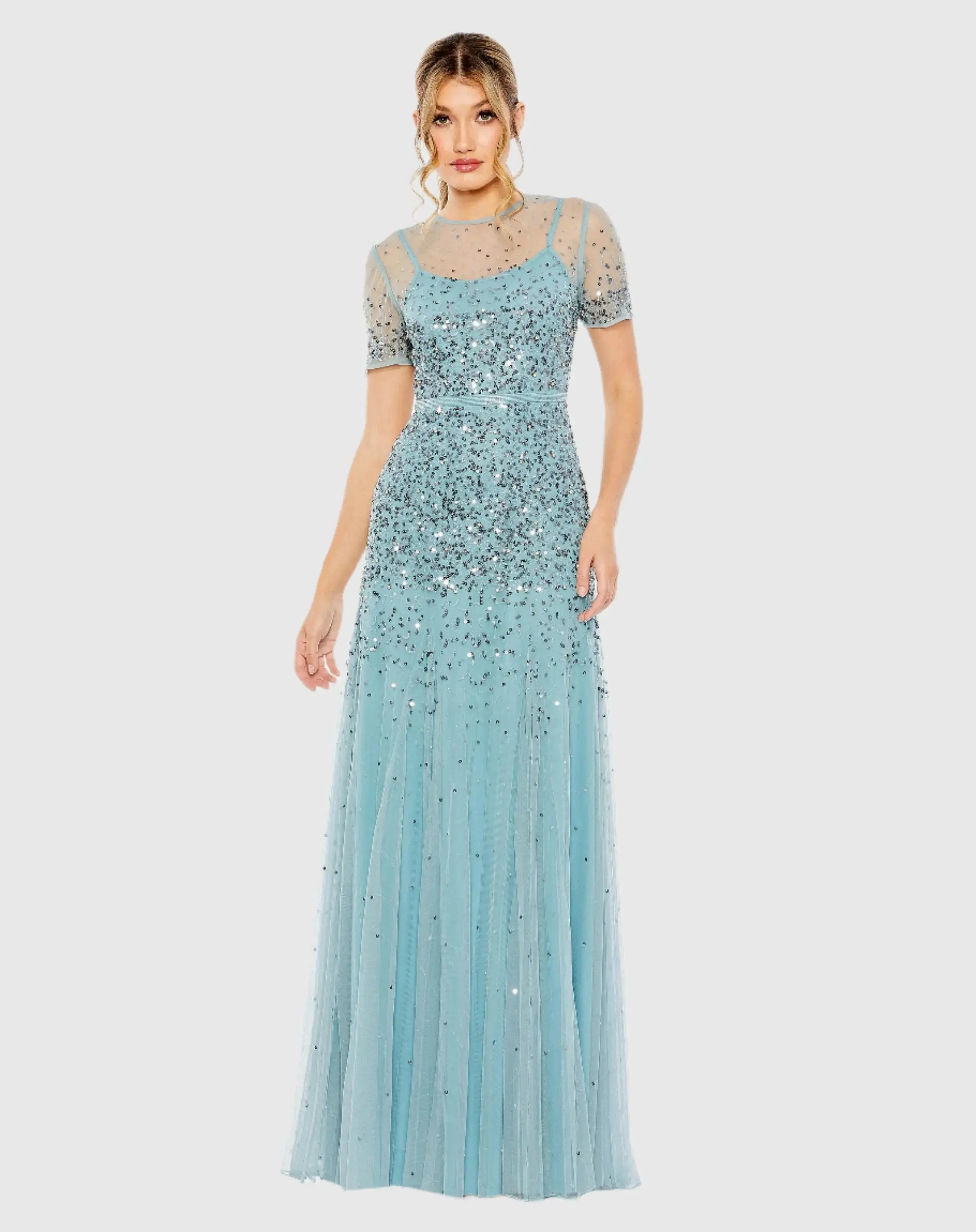 High Neck Short Sleeve Sequin Embellished Gown