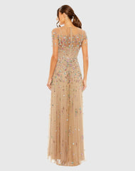 Beige Sleeve High Neck  Embellished Sequin Detail A-Line Gown