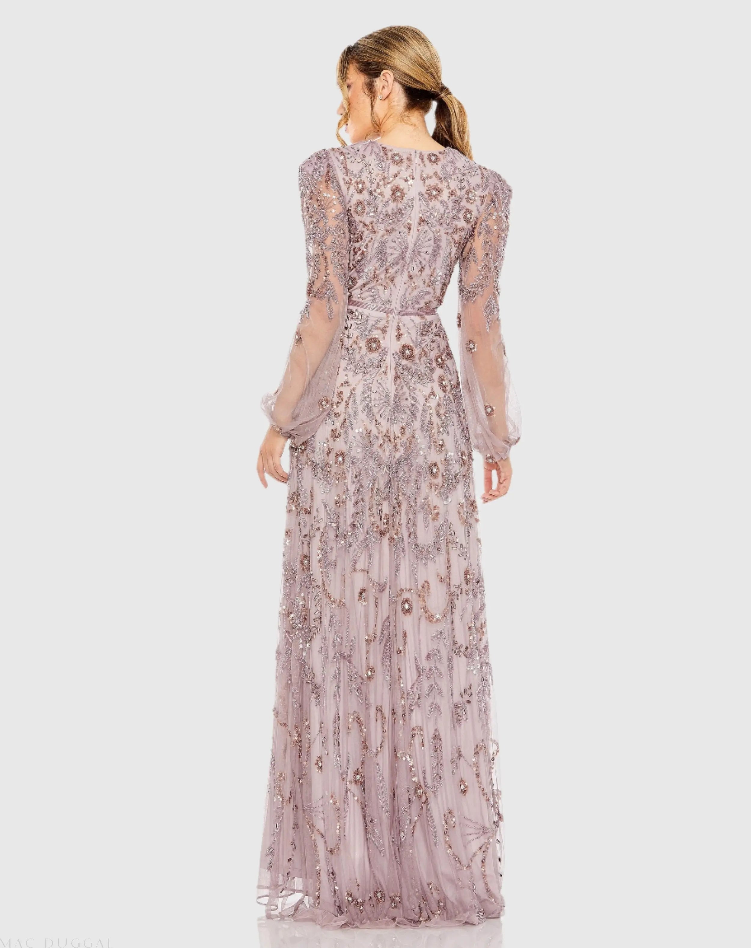 Purple Puff Sleeve Embellished A Line Gown
