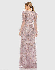 Purple Puff Sleeve Embellished A Line Gown