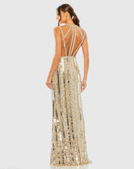 Gold and Silver Halter Neck Embellished Detailed Back Gown