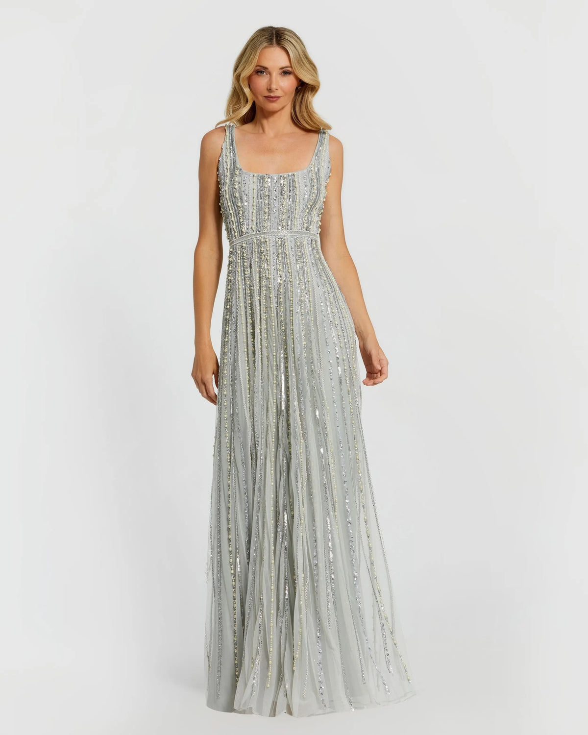 Green Scoop Neck A-Line Gown With Striped Beading