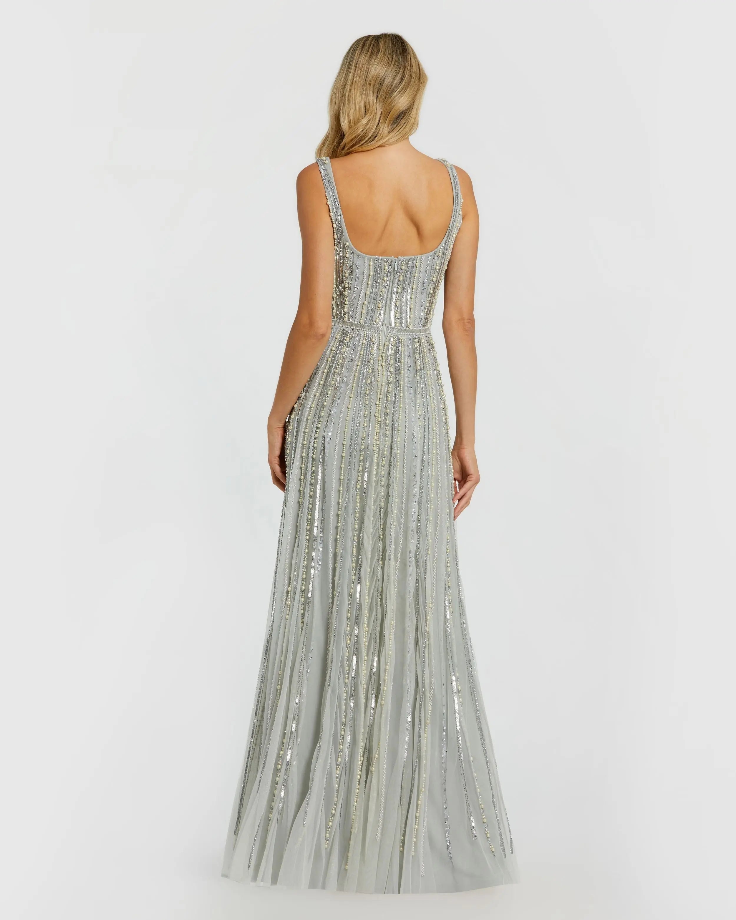 Green Scoop Neck A-Line Gown With Striped Beading