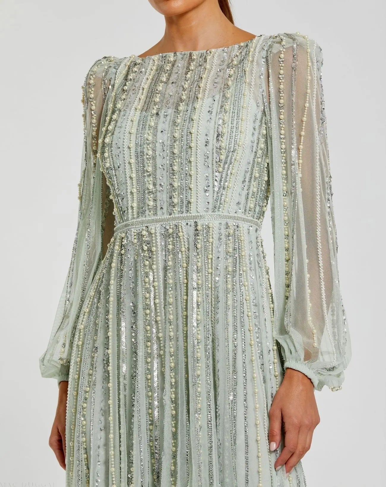 Green Boat Neck Long Sleeve Beaded Gown