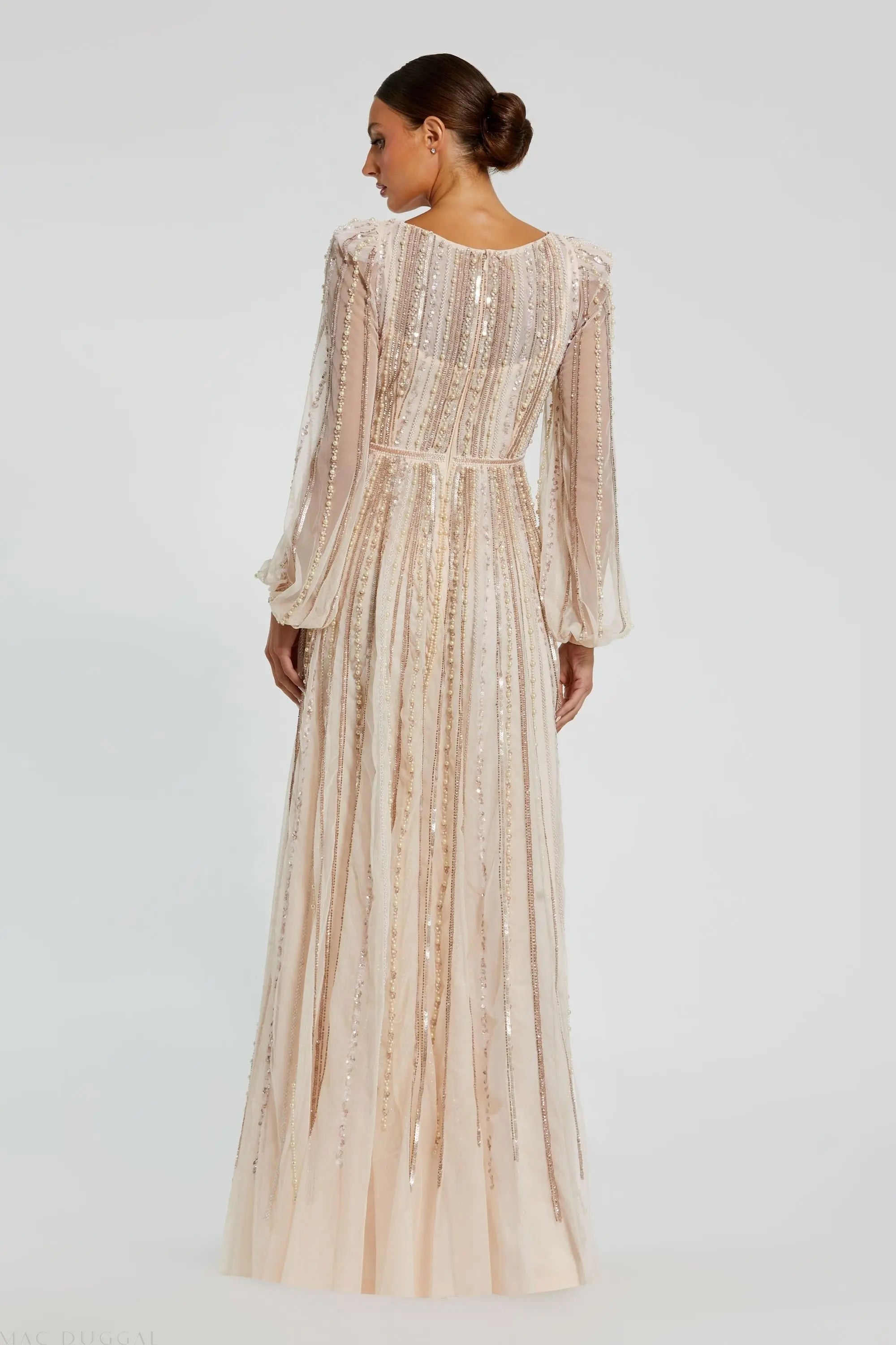 Pink Boat Neck Long Sleeve Gown With Striped Beading