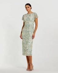 Green Embellished Mesh Fitted Cap Sleeve Cocktail Dress