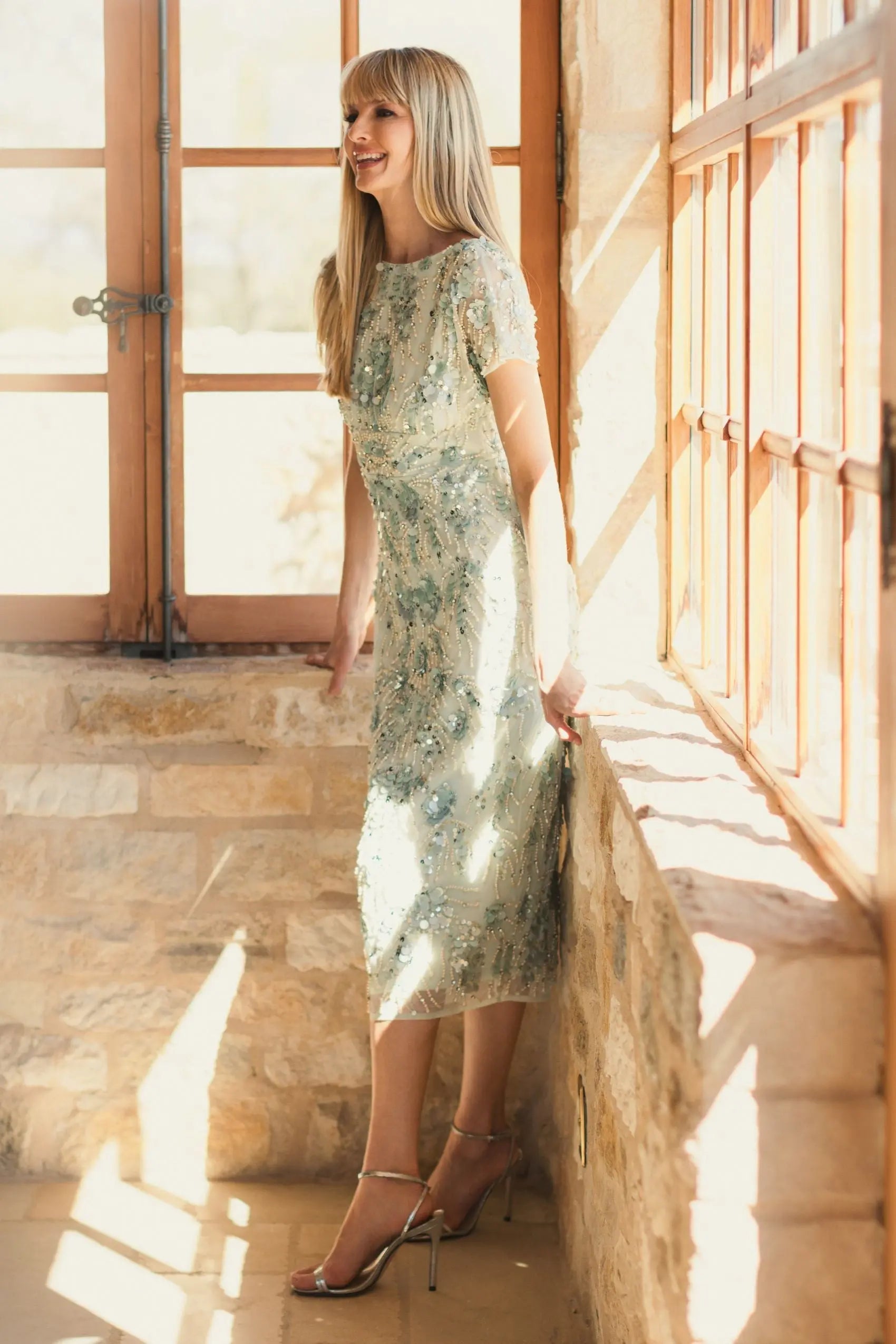 Green Embellished Mesh Fitted Cap Sleeve Cocktail Dress