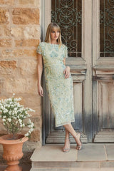 Green Embellished Mesh Fitted Cap Sleeve Cocktail Dress