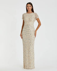 Ivory Floral Embellished Mesh Fitted Column Gown