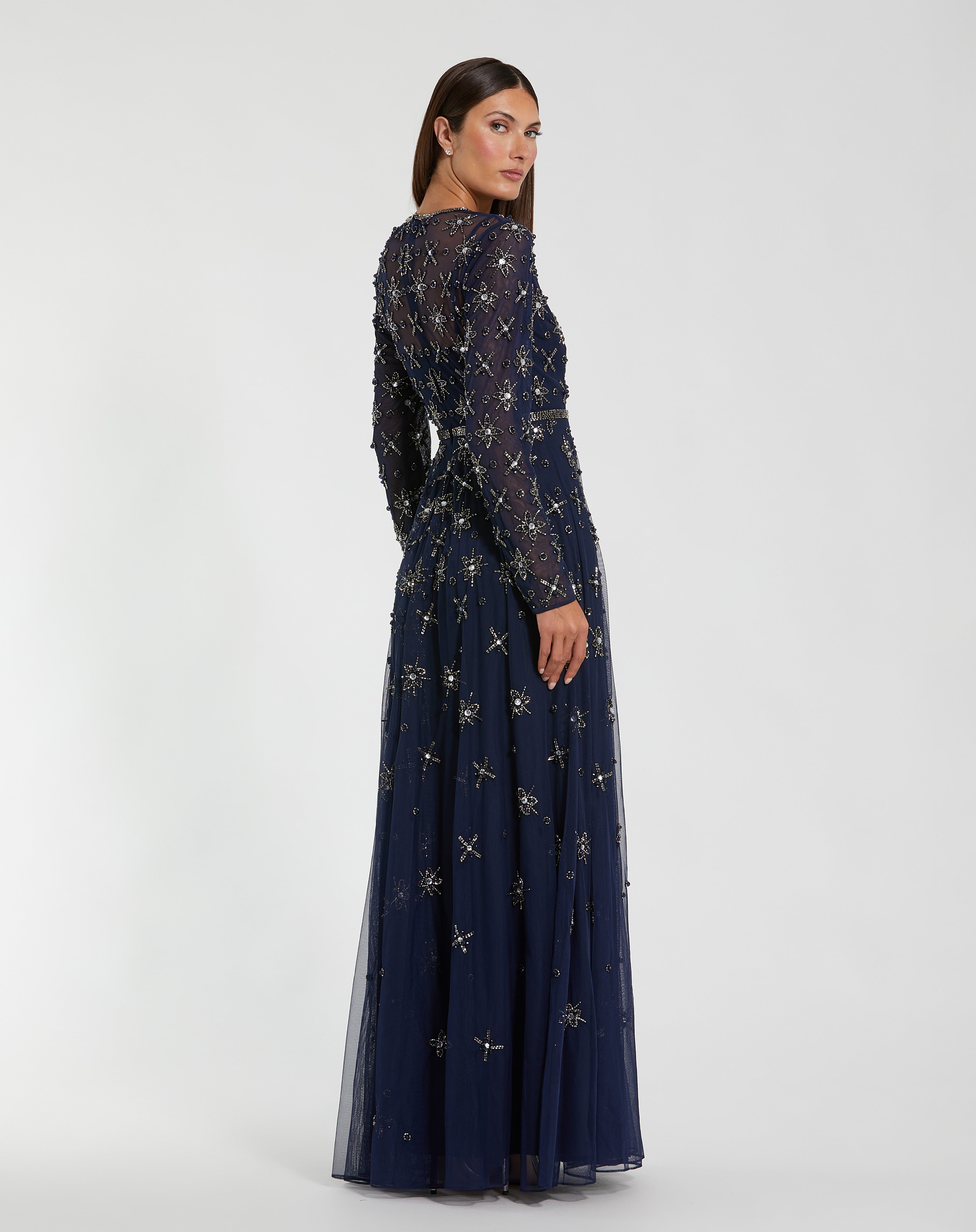 Navy Long Sleeve Crystal Embellished Evening Gown