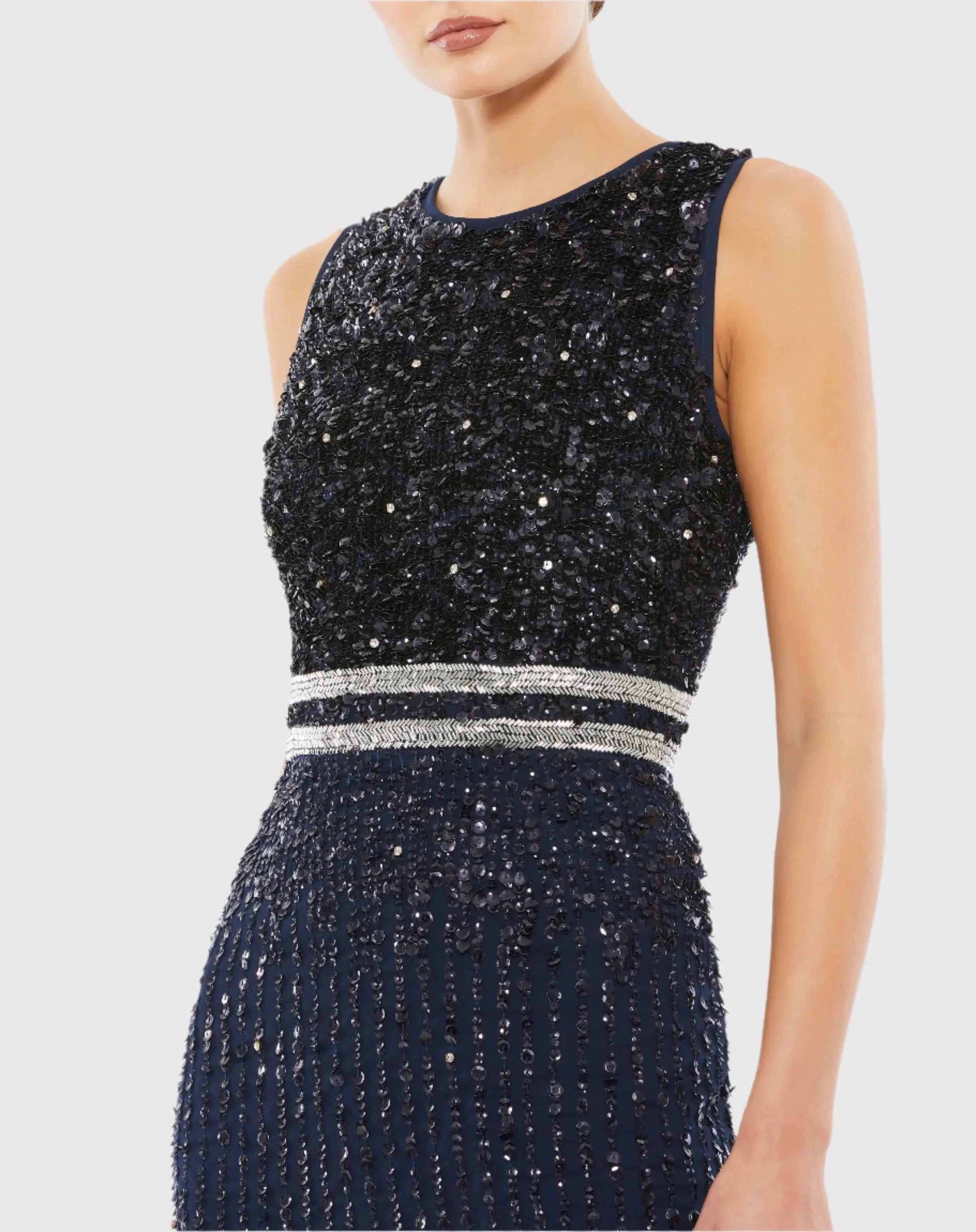 Navy Sleeveless High Neck Beaded Midi Sheath Dress