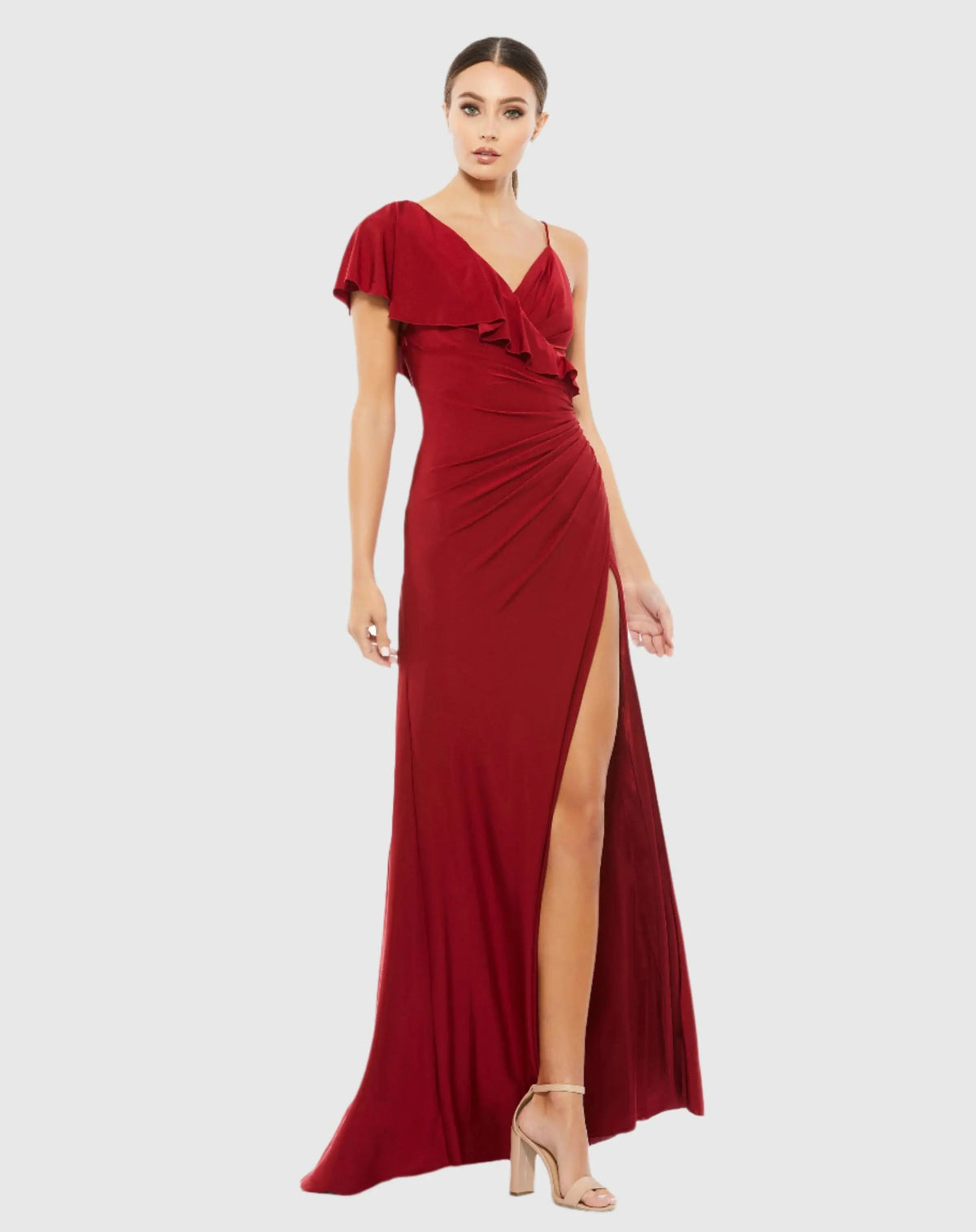 Red Asymmetric V-Neck Jersey Ruffled Cap Sleeve Gown - FINAL SALE