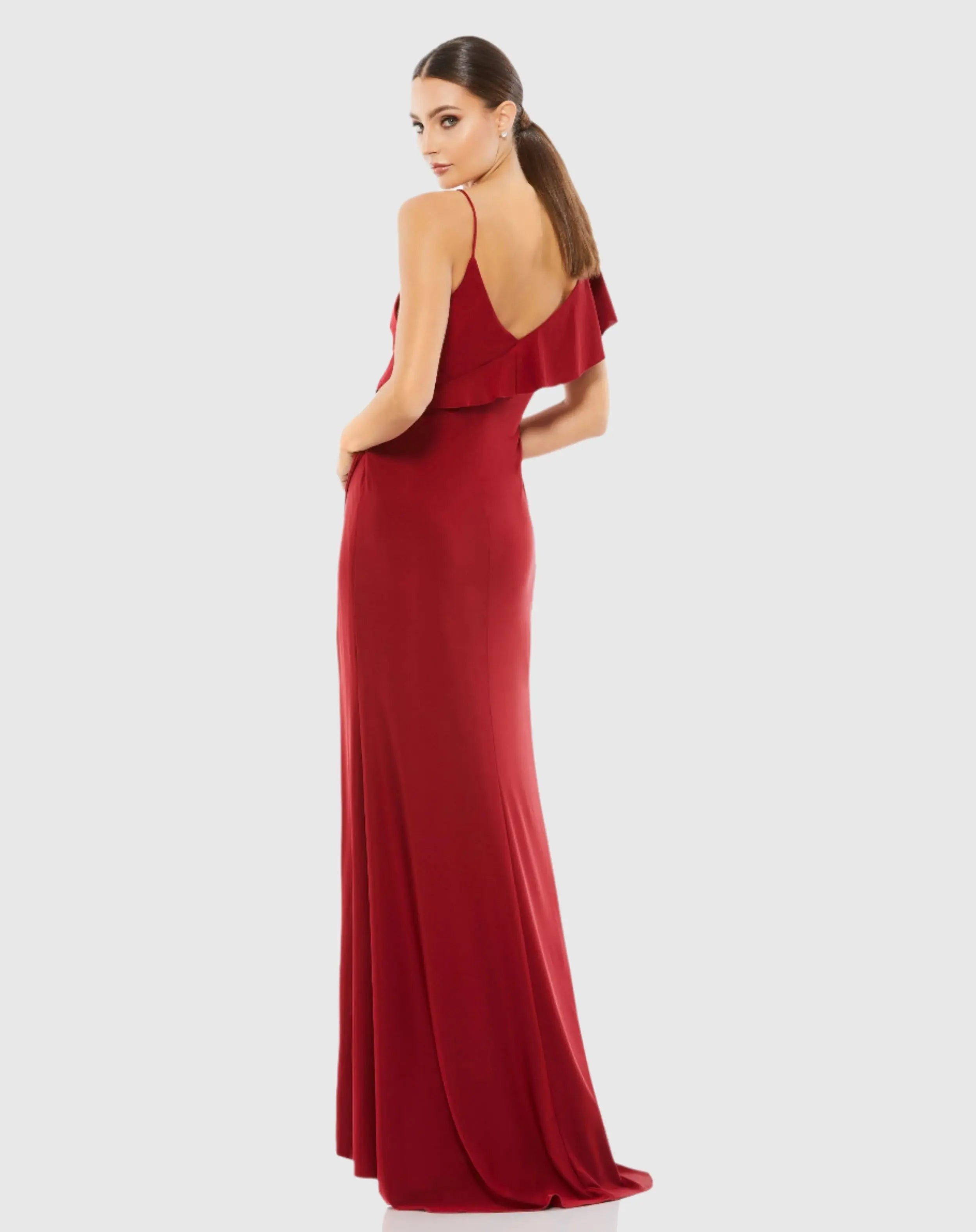 Red Asymmetric V-Neck Jersey Ruffled Cap Sleeve Gown - FINAL SALE