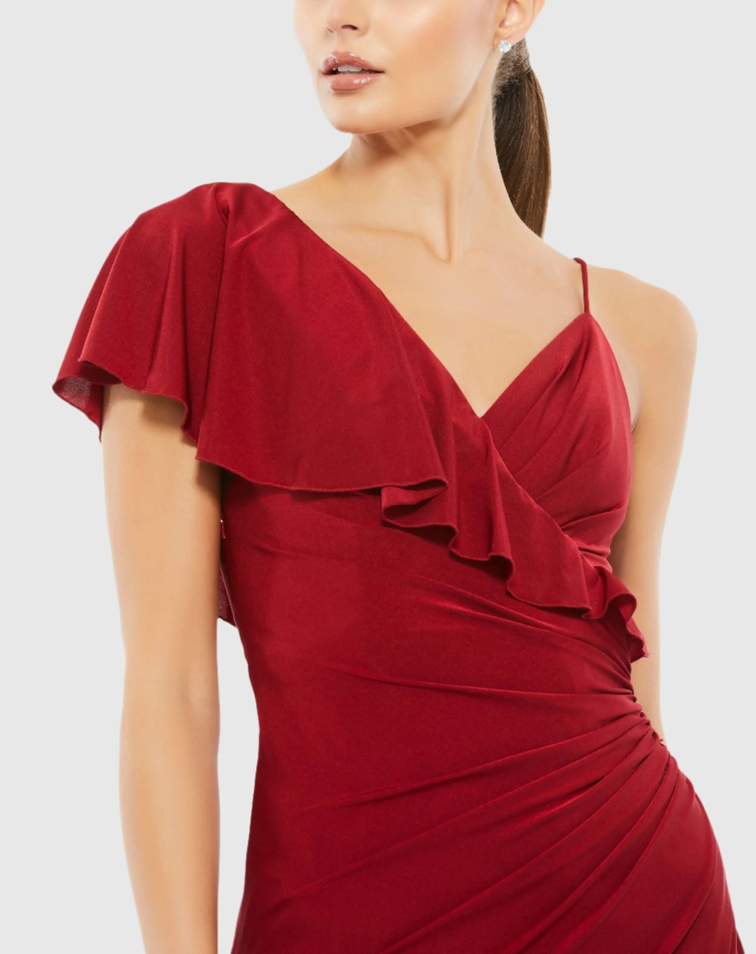 Red Asymmetric V-Neck Jersey Ruffled Cap Sleeve Gown - FINAL SALE