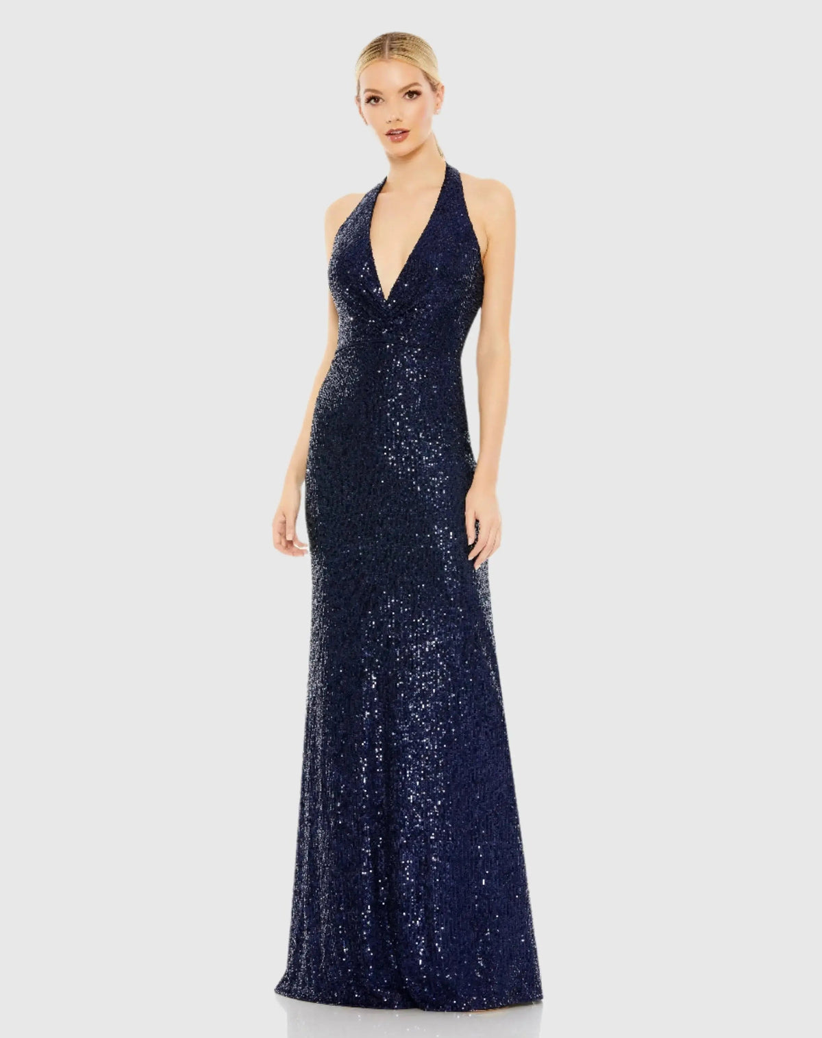 Navy Sequined Halter Strap Plunge Neck Gown