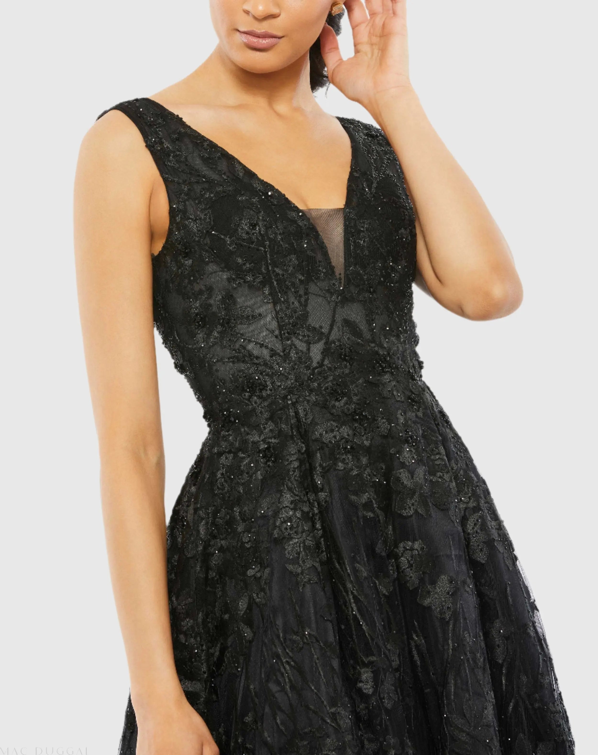 Black Floral Embroidered Illusion V-Neck Gown