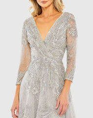 Silver Embellished Wrap Over 3/4 Sleeve Dress