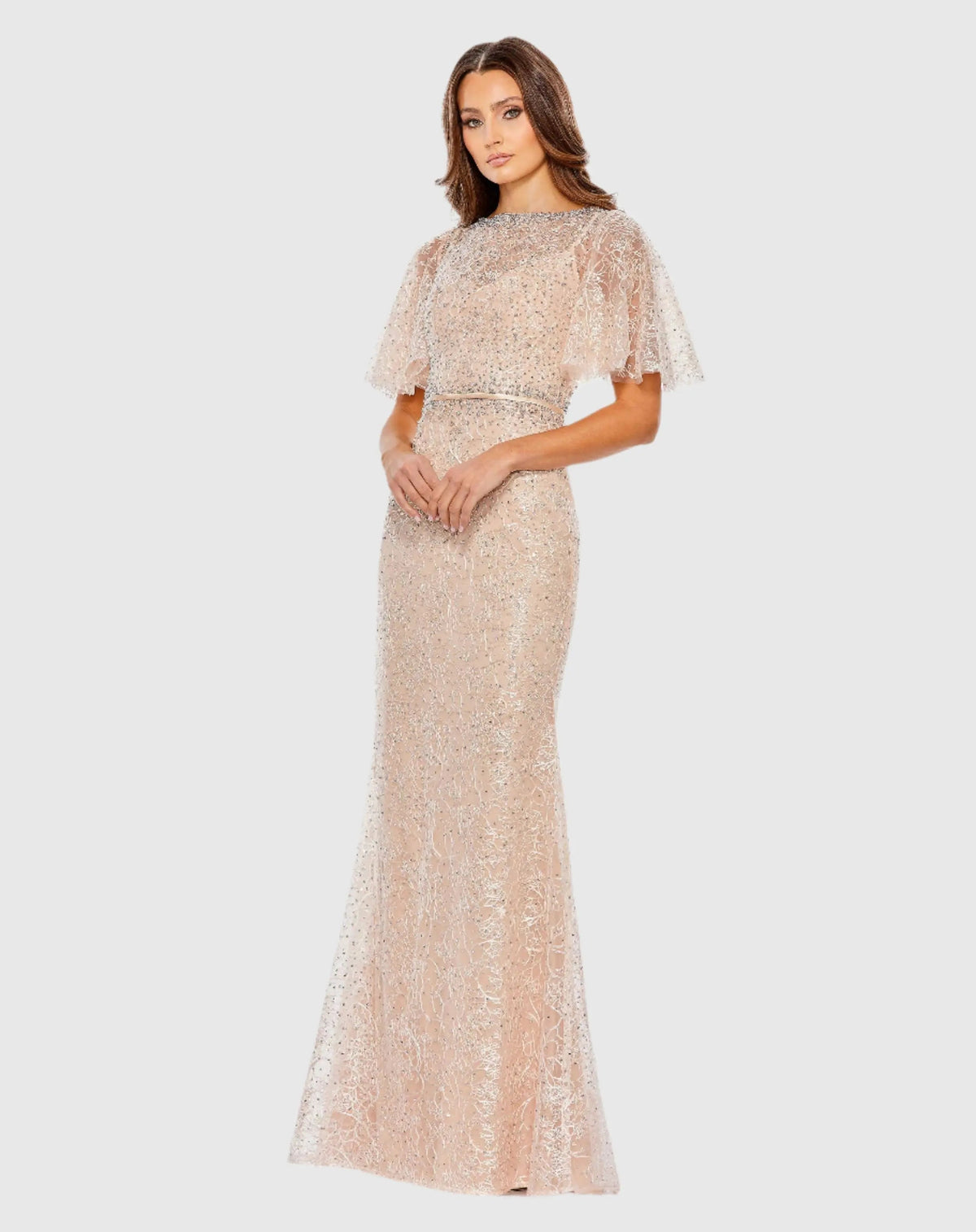 Pink Embellished Neck Butterfly Sleeve Trumpet Gown