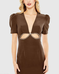 Brown Plunge Neck Puff Sleeve Cut Out Gown