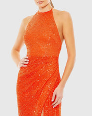 Orange Sequin Open Back Halter Neck Gown