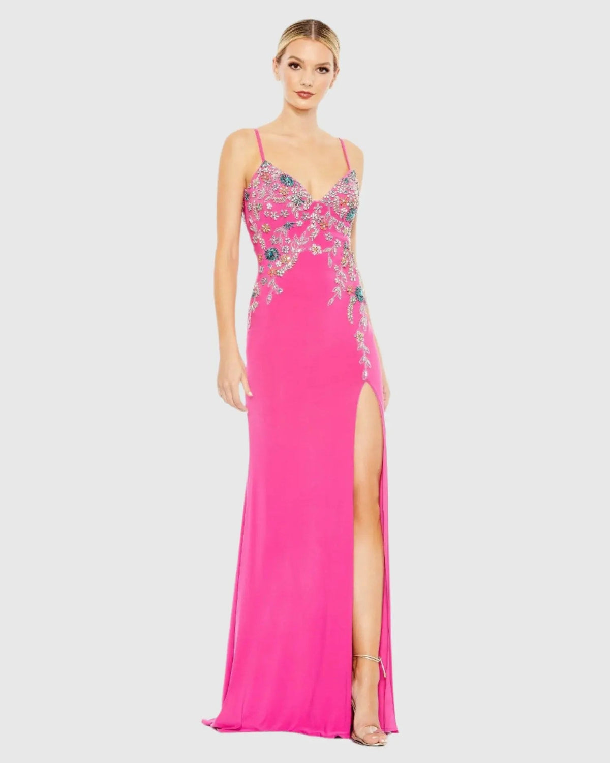 Pink Multi Color Beaded Floral Cami Gown