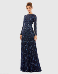 Navy Embellished Illusion High Neck Long Sleeve A Line Gown