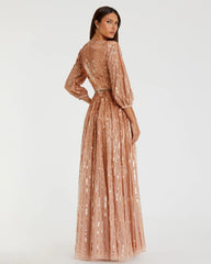 Pink Sequined Wrap Over 3/4 Sleeve Gown
