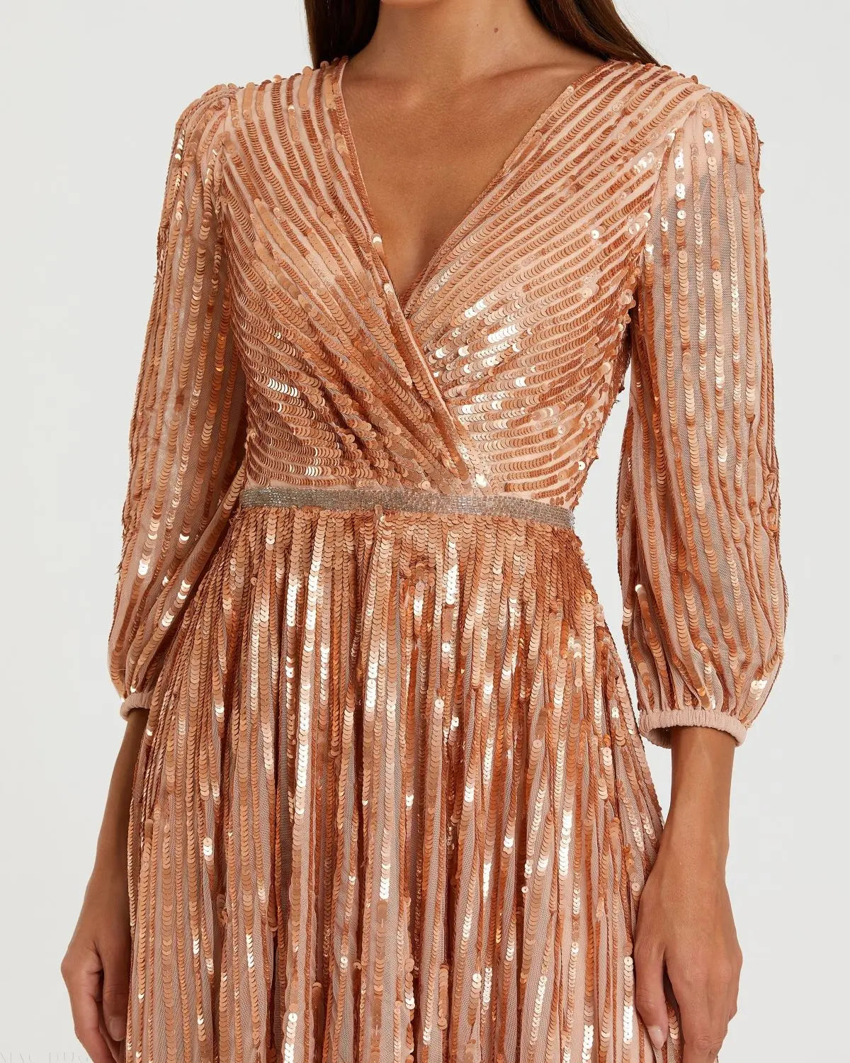 Pink Sequined Wrap Over 3/4 Sleeve Gown