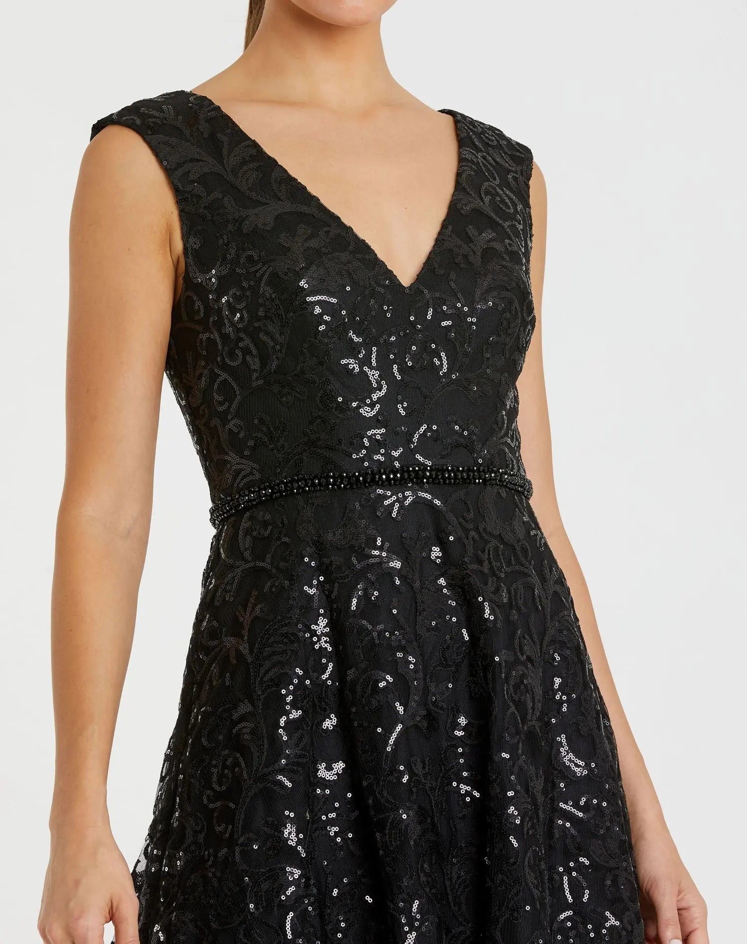 Black Sequined V Neck Cap Sleeve Dress