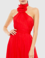 Red Asymmetrical Halter Neck Tiered A Line Gown