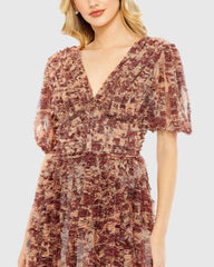 Brown Mesh V-Neck Floral Dress
