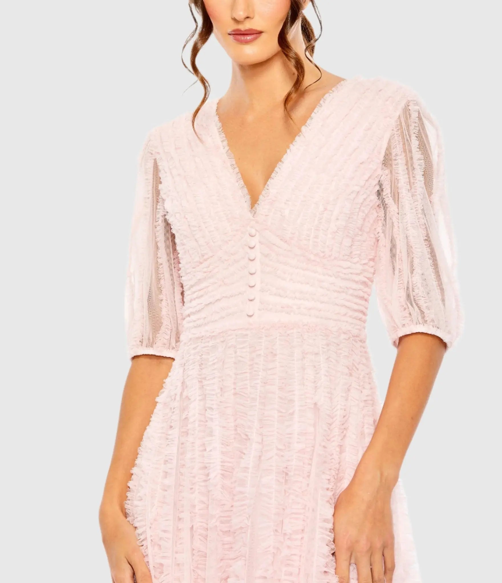 Pink V Neck Puff Sleeve Ruffle Tiered A Line Gown