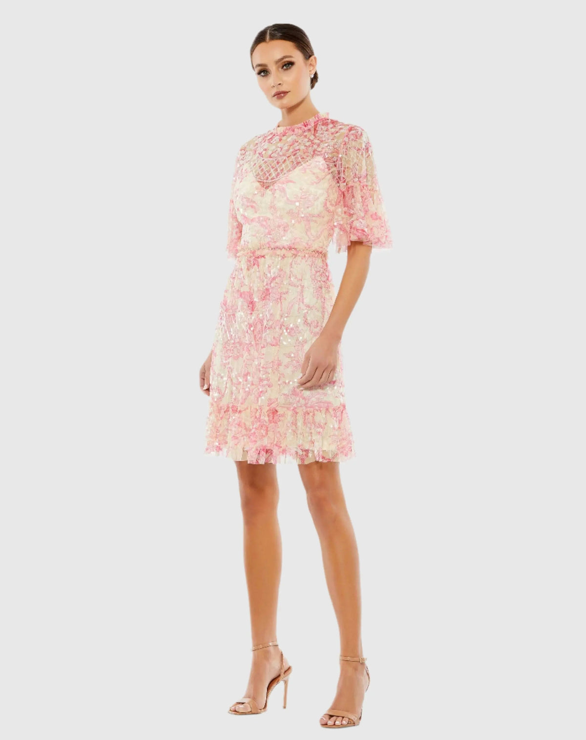 Pink Flounce Sleeve Floral Embellished Dress