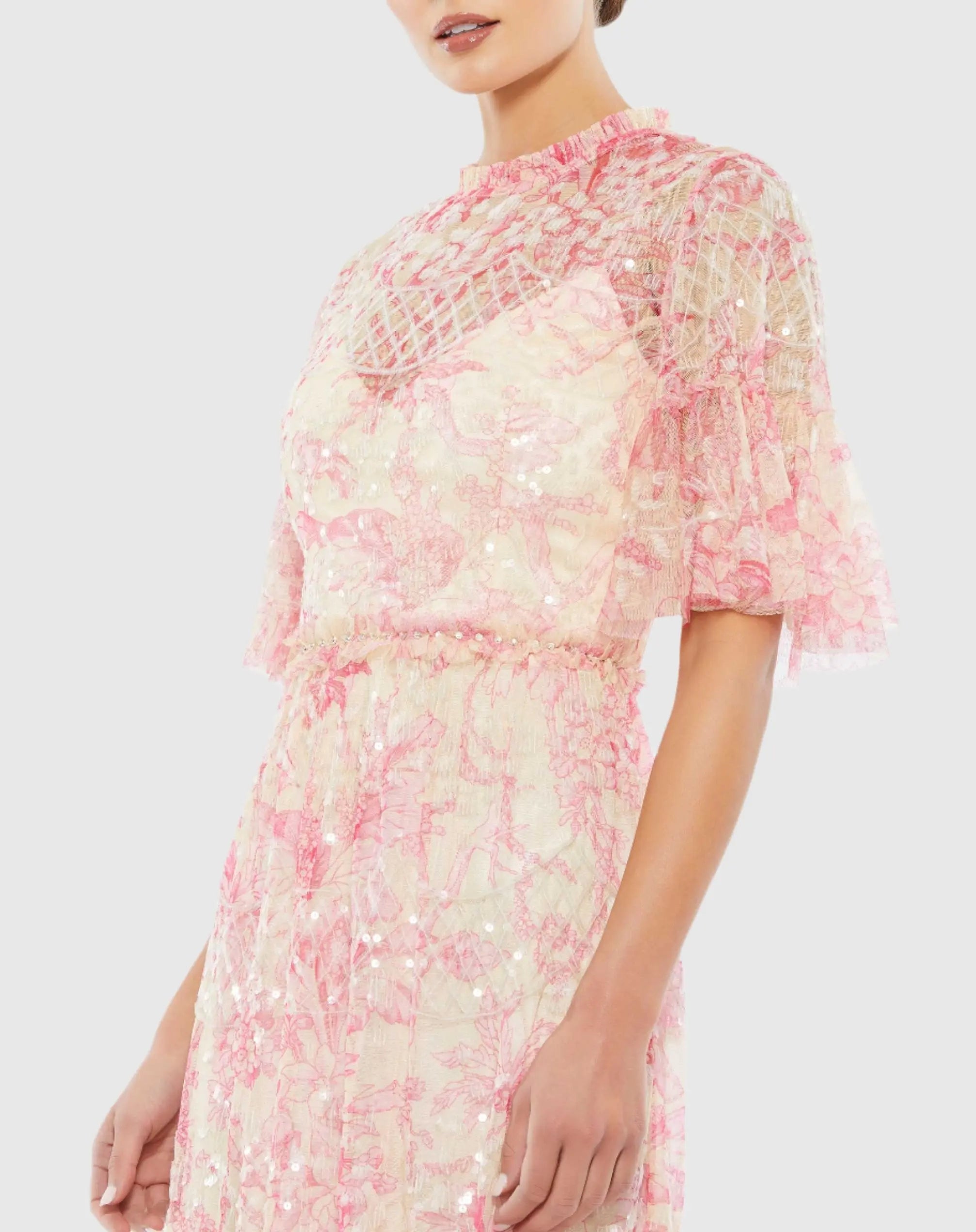 Pink Flounce Sleeve Floral Embellished Dress