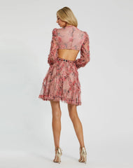 Pink Long Sleeve V Neck Cut Out Mesh Mini Dress