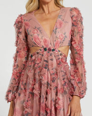 Pink Long Sleeve V Neck Cut Out Mesh Mini Dress