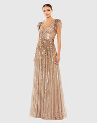Beige Sequined Cut Out Ruffled Cap Sleeve Lace Up Gown