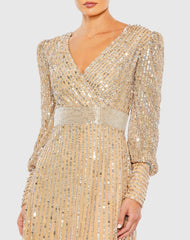 Beige Sequined Wrap Over Bishop Sleeve Gown