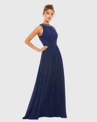 Navy Bejeweled Neckline Pleated Chiffon Gown