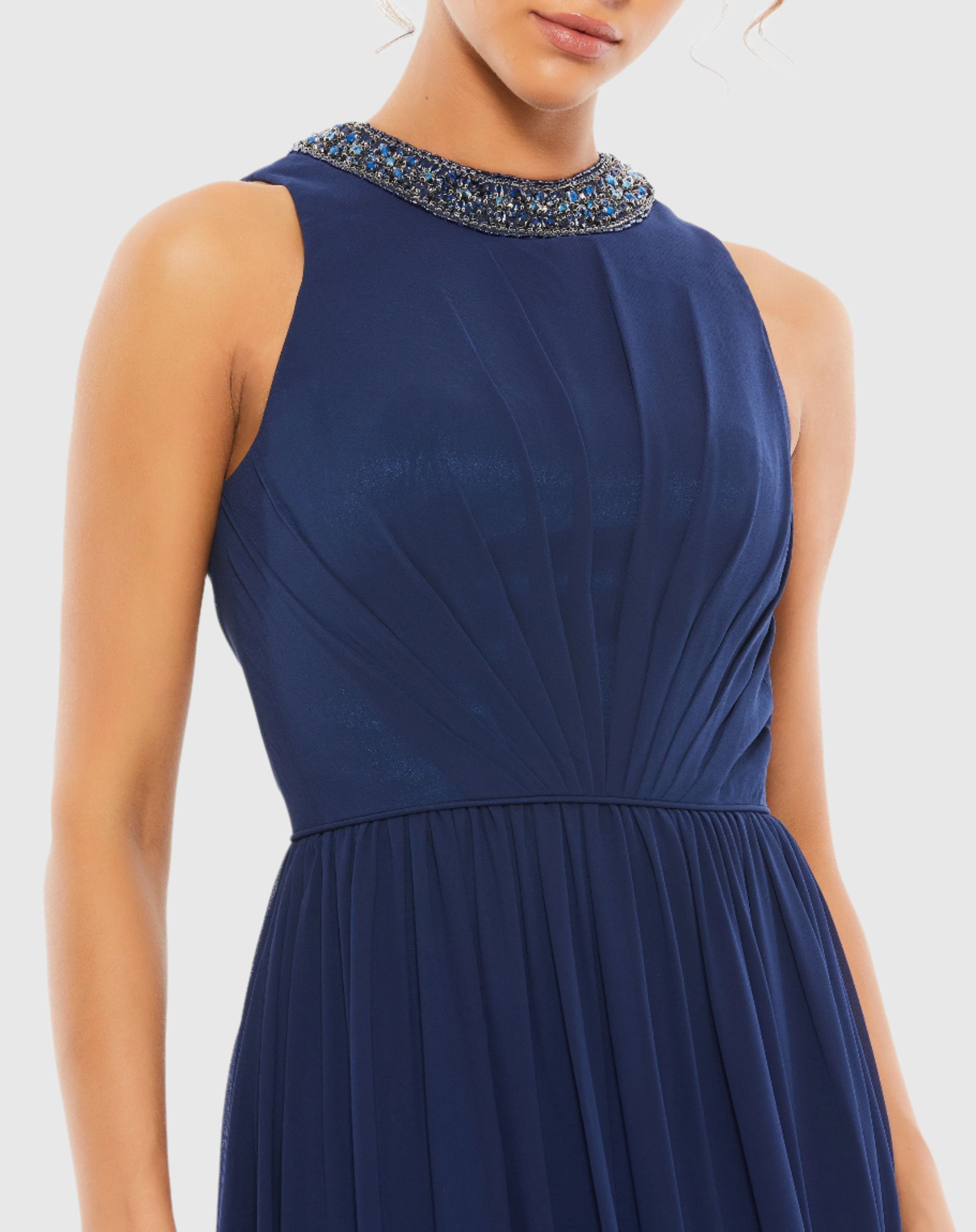 Navy Bejeweled Neckline Pleated Chiffon Gown