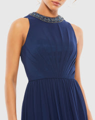Navy Bejeweled Neckline Pleated Chiffon Gown